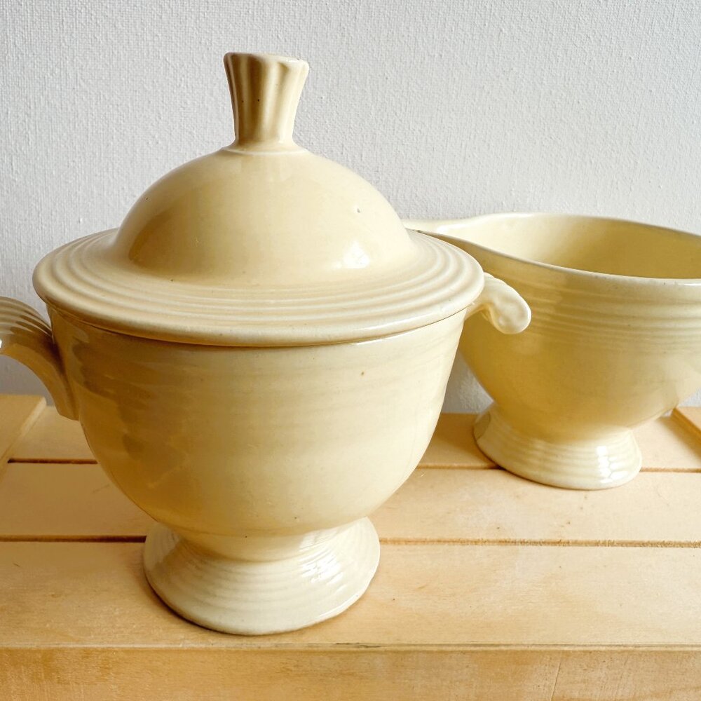 Fiesta Vintage Ivory Sugar Bowl With Lid and Creamer, Made in the USA